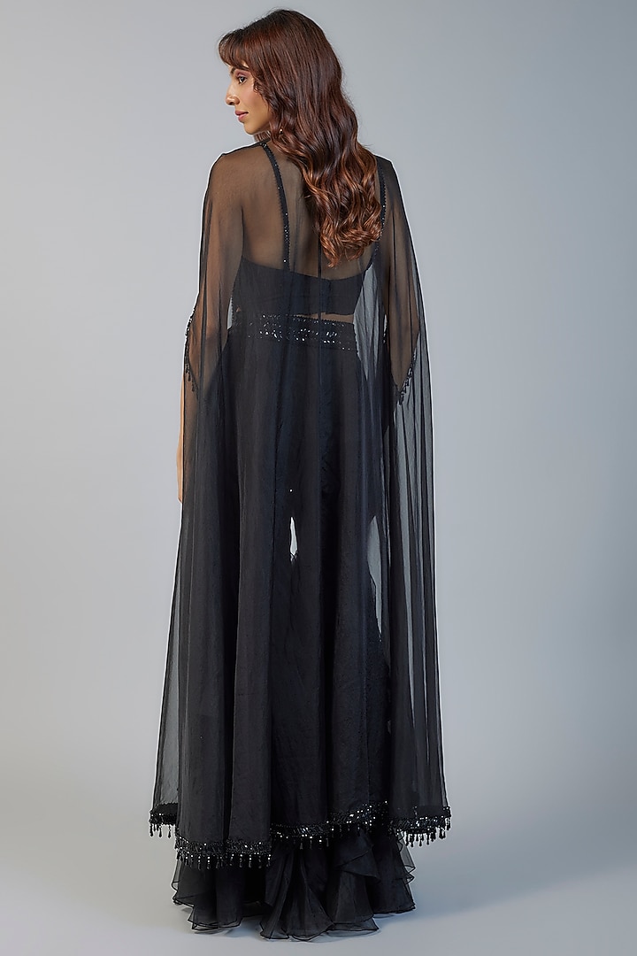Black Organza & Raw Silk Sequins Embroidered Cape Set by Kresha Lulla at Pernia's Pop Up Shop